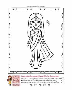 A woman dressed in a traditional Indian saree with intricate jewelry, including earrings, a necklace, and a headpiece. She has long hair and is smiling, with small hearts floating near her, adding a touch of charm and affection to the image.
