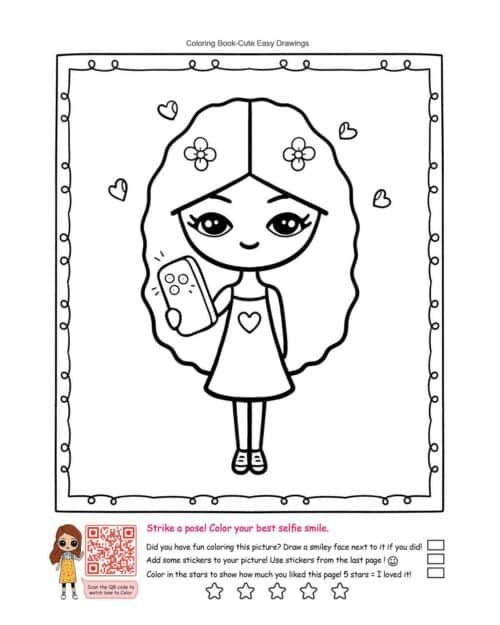 A girl with large, expressive eyes and a big smile is holding a smartphone with a heart symbol on the screen. She has long, wavy hair decorated with flowers and is dressed in a cute outfit with a heart on her dress. Small heart symbols surround her, adding a touch of love and joy to the scene.