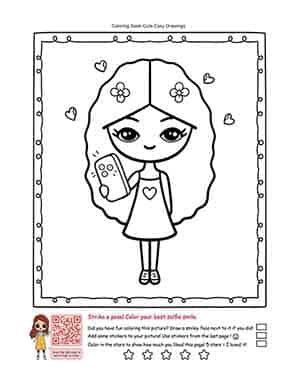 A girl with large, expressive eyes and a big smile is holding a smartphone with a heart symbol on the screen. She has long, wavy hair decorated with flowers and is dressed in a cute outfit with a heart on her dress. Small heart symbols surround her, adding a touch of love and joy to the scene.