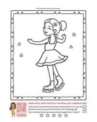 A line drawing of a girl ice skating. She is wearing a dress and ice skates, with her hair tied up in a bun and a flower accessory. Her arms are outstretched, and she is gliding gracefully on the ice. There are small heart shapes around her, adding a whimsical and joyful element to the scene.