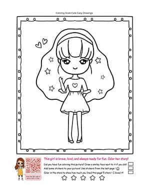 A line drawing of a girl ice skating. She is wearing a dress and ice skates, with her hair tied up in a bun and a flower accessory. Her arms are outstretched, and she is gliding gracefully on the ice. There are small heart shapes around her, adding a whimsical and joyful element to the scene.