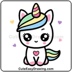 A cute cartoon unicorn with big, sparkling eyes sits happily, featuring a pastel rainbow-colored mane and tail. A small pink heart is on its chest, and tiny colorful hearts float around it, adding to the magical and adorable vibe.