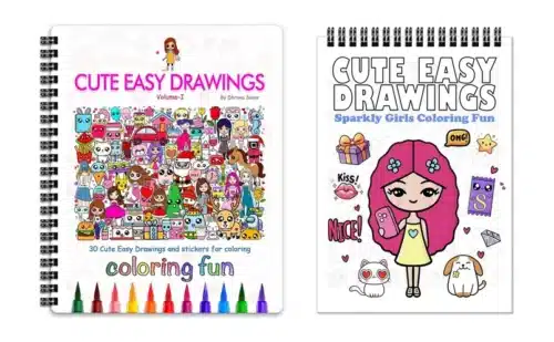 Two "Cute Easy Drawings" coloring books side by side. The left book cover features a collage of colorful cartoon characters, while the right book, titled "Sparkly Girls Coloring Fun," showcases a cute girl with pink hair holding a drink, surrounded by doodles and stickers. 