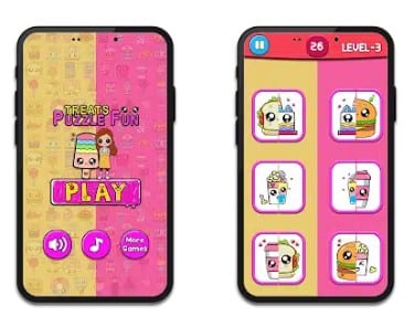 "Treats Puzzle Fun" game start screen with a cute girl, ice cream character, and a colorful background. Large "PLAY" button in the center.