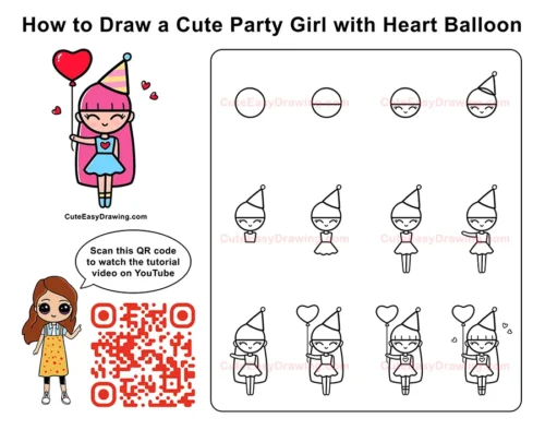 Step-by-step drawing tutorial on how to draw a cute party girl with a heart balloon. Easy kawaii-style drawing guide for kids and beginners.