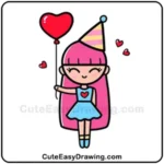 Cute party girl drawing holding a red heart-shaped balloon, wearing a blue dress with a heart design, a pink party hat, and long pink hair. Small floating hearts add to the adorable look.