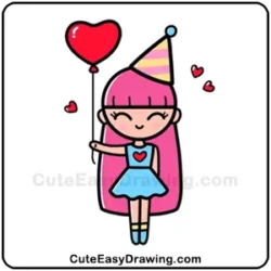 Cute party girl drawing holding a red heart-shaped balloon, wearing a blue dress with a heart design, a pink party hat, and long pink hair. Small floating hearts add to the adorable look.