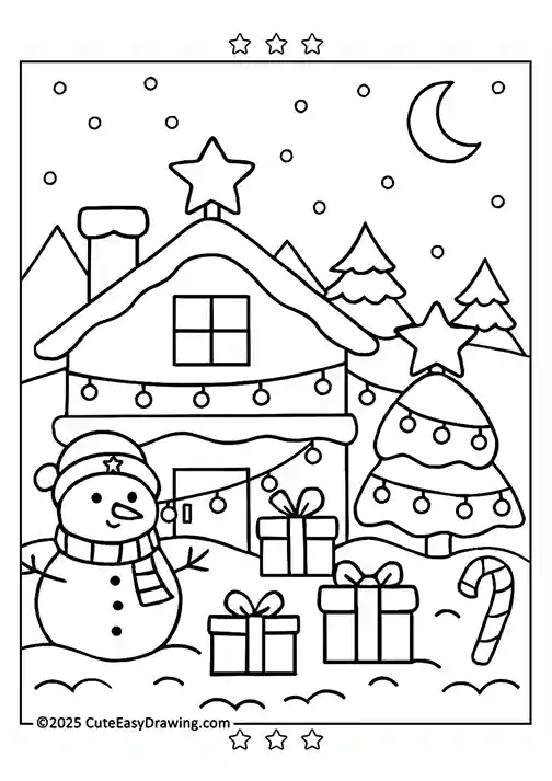 Christmas House with Snowman Night