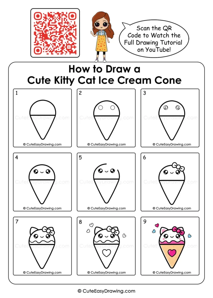 Cute Kitty Cat Ice Cream Cone Drawing in 9 Simple Steps