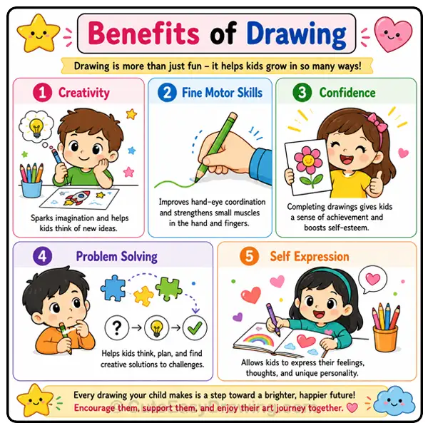 How to Teach Kids to Draw Step by Step: A Beginner's Guide for Parents 8 Benefits of drawing for kids infographic showing creativity fine motor skills confidence problem solving and self