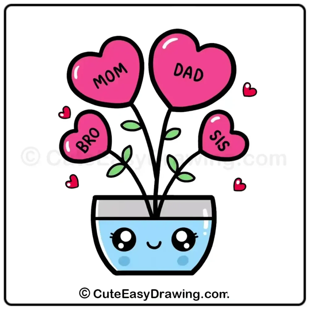 Learn to Draw a Cute Heart Flowers Family Plant: An Easy 9-Step Guide for Kids 11 how to draw a cute heart flowers family plant - step 9