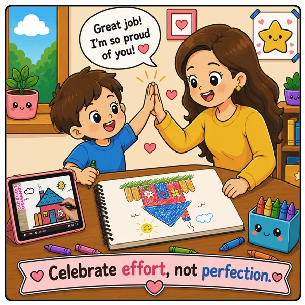 How to Teach Kids to Draw Step by Step: A Beginner's Guide for Parents 9 Parent and child celebrating a finished drawing with a high-five while following an easy drawing tutorial
