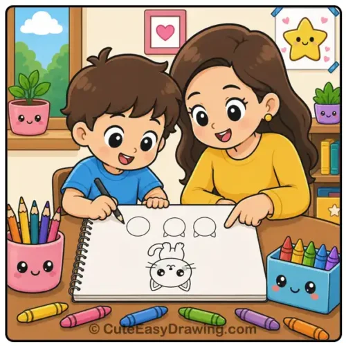 How to Teach Kids to Draw Step by Step: A Beginner's Guide for Parents 1 Parent teaching a young child how to draw a cute cat step by step using simple shapes