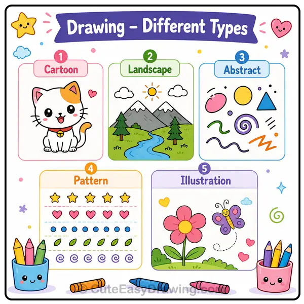How to Teach Kids to Draw Step by Step: A Beginner's Guide for Parents 4 Simple drawing styles for kids including cartoon, landscape, abstract, pattern, and illustration examples