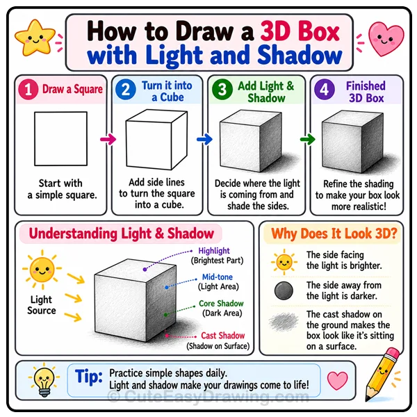How to Teach Kids to Draw Step by Step: A Beginner's Guide for Parents 7 Step-by-step 3D box drawing showing how light and shadow create depth