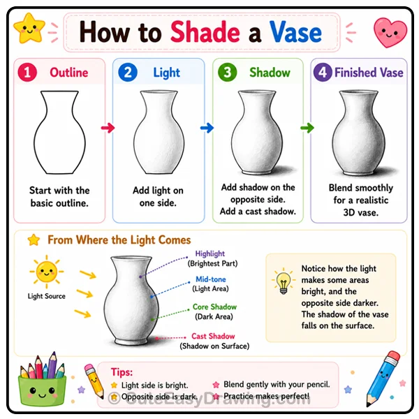 How to Teach Kids to Draw Step by Step: A Beginner's Guide for Parents 6 Step-by-step vase shading tutorial showing how light and shadow create a realistic 3D vase