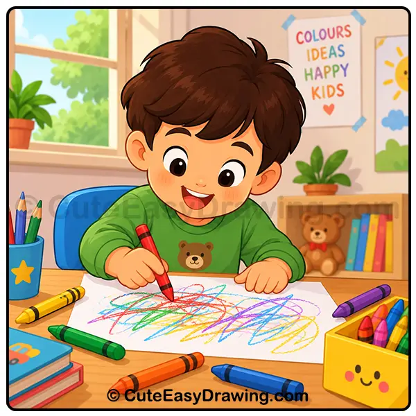 child drawing with crayons/pencils