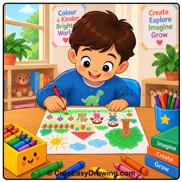 child creating a detailed scene