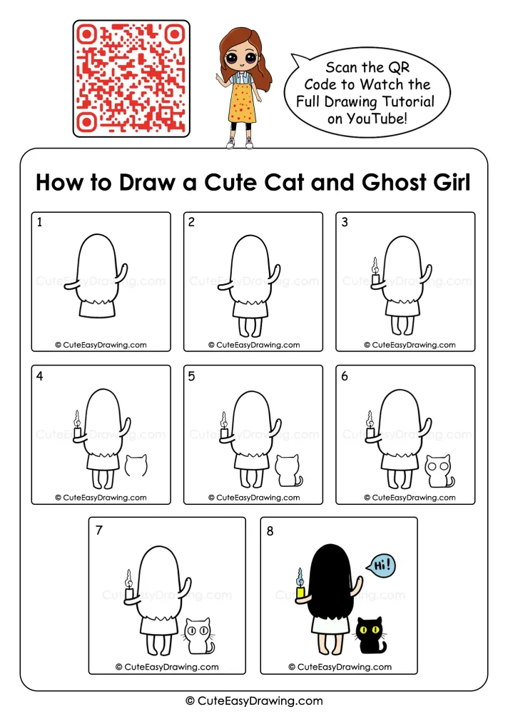 8-Step Cute Ghost Girl Drawing for Kids: A Fun Halloween Art Activity 1 Cute Ghost and a Black cat