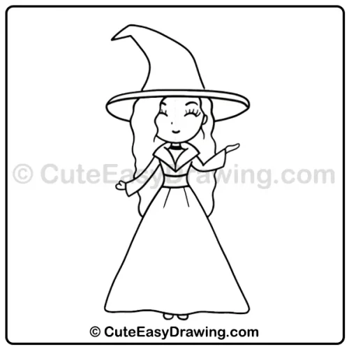 Cute Witch Girl Drawing: 9 Easy Steps for Kids 9 cute witch girl drawing - step 7