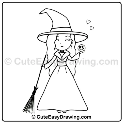 Cute Witch Girl Drawing: 9 Easy Steps for Kids 10 cute witch girl drawing - step 8
