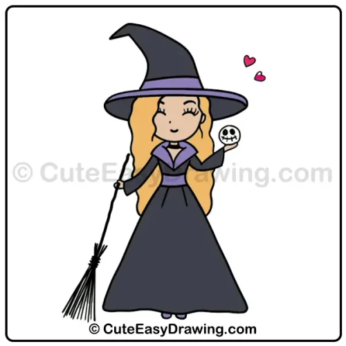 Cute Witch Girl Drawing: 9 Easy Steps for Kids 11 cute witch girl drawing - step 9