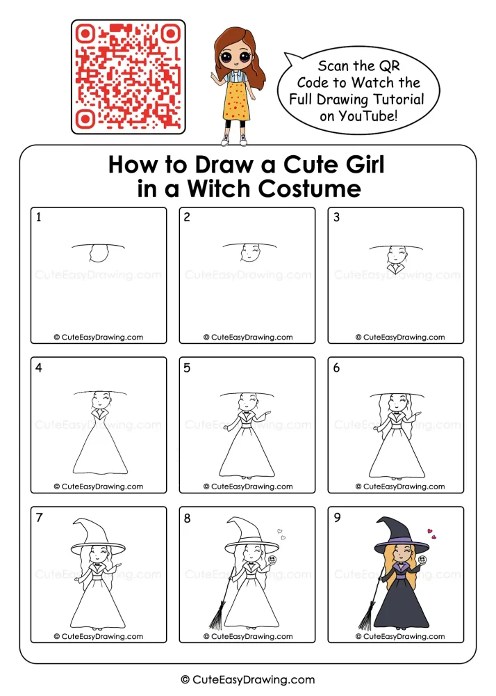 Cute Witch Girl Drawing: 9 Easy Steps for Kids 1 Cute Witch Girl Drawing: 9 Easy Steps for Kids