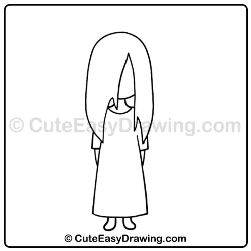 6 Easy Steps to Create a Long-haired Halloween Girl Ghost Drawing for Kids 6 long-haired Halloween girl ghost drawing - step 4