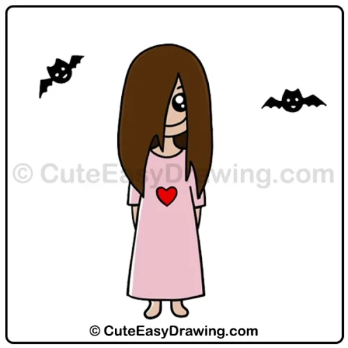 6 Easy Steps to Create a Long-haired Halloween Girl Ghost Drawing for Kids 8 long-haired Halloween girl ghost drawing - step 6