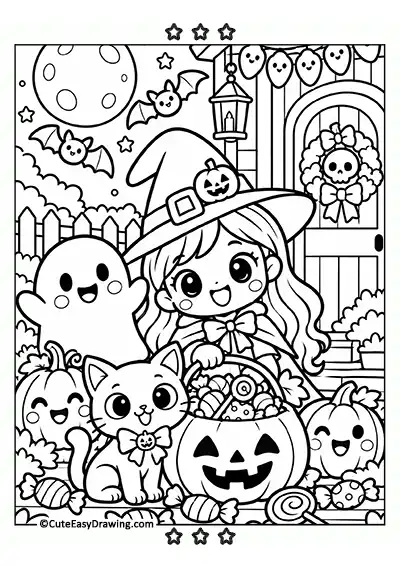 Cedys Halloween Trick or Treat Coloring Page – Cute Witch Cat Candy