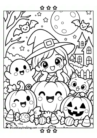 Cute Halloween Coloring Page – Witch Girl Pumpkins Ghost Cat